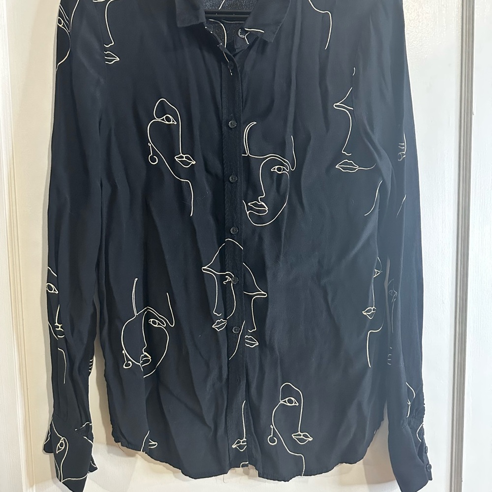 Black Artistic Sketch Blouse with Long Sleeves